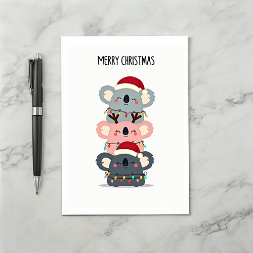 Cute Koala Tower Christmas Card with Santa Hats and Lights