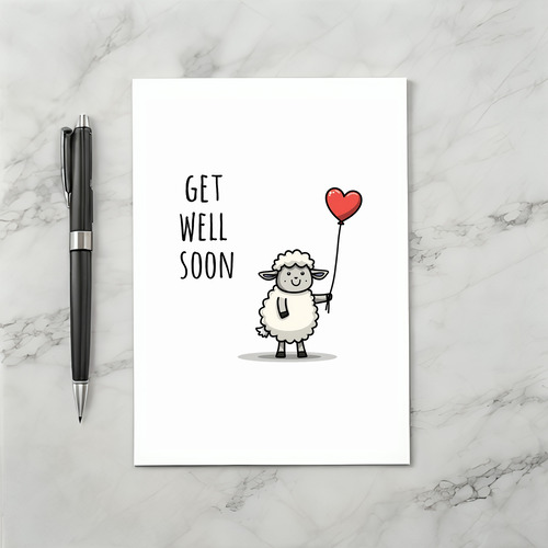 Cute Lamb Get Well Soon Card with Heart Balloon