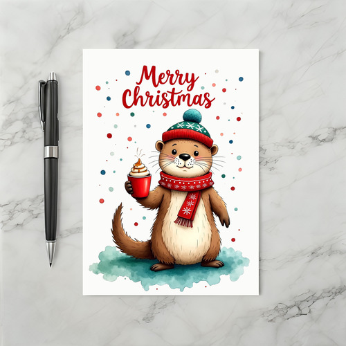 Cute Otter Hot Cocoa Merry Christmas Holiday Card