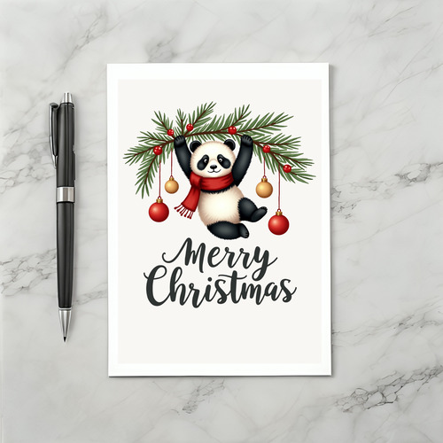 Cute Panda Hanging from Christmas Tree Branch Card