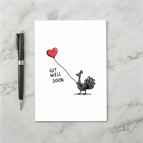 Cute Peacock Get Well Card With Heart Balloon