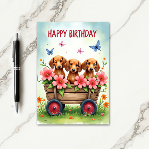 Cute Pups Wagon Birthday Card