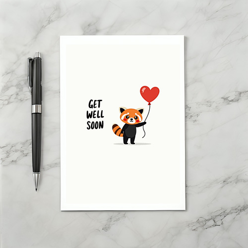 Cute Red Panda Get Well Soon Card with Heart Balloon
