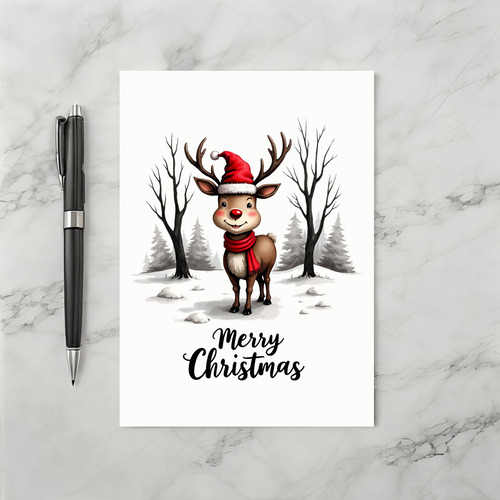 Cute Reindeer Santa Hat Red Scarf Merry Christmas