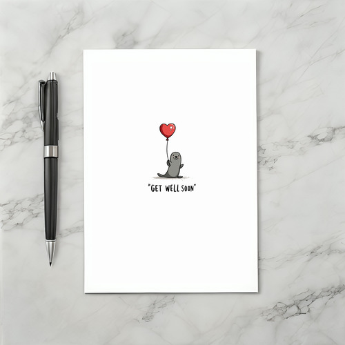 Cute Seal Get Well Soon Card with Heart Balloon