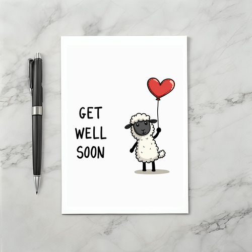 Cute Sheep Get Well Soon Card with Heart Balloon