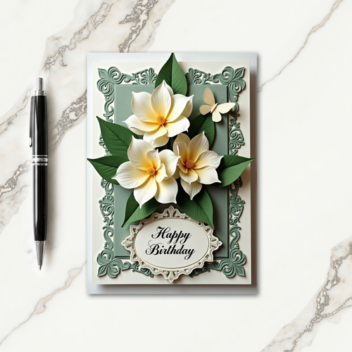 Elegant Blossom Scroll Birthday Card