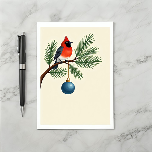 Elegant Cardinal Bird Christmas Card Pine Branch Ornament