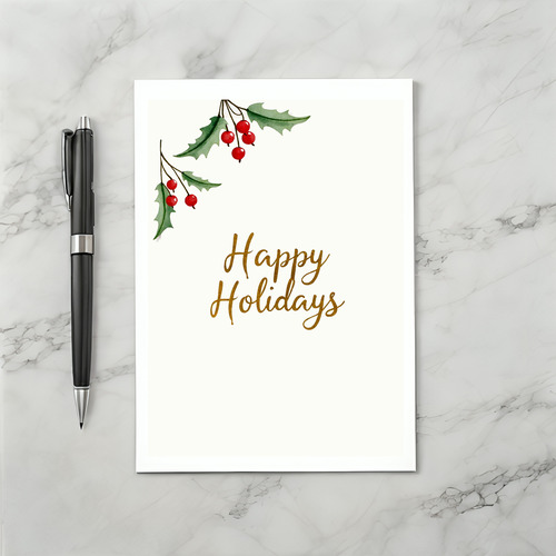 Elegant Gold Script Happy Holidays Watercolor Holly Card