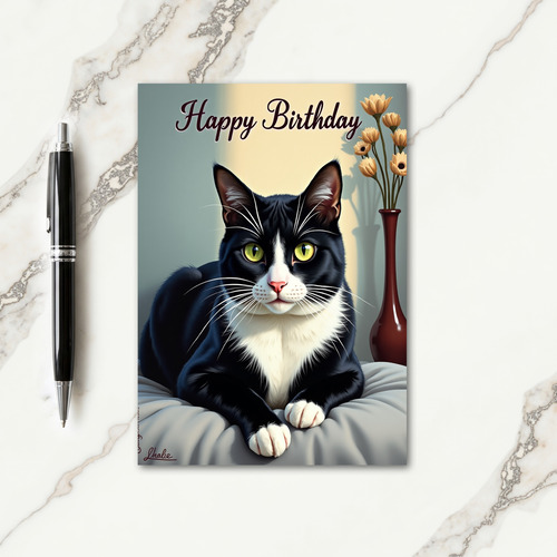 Elegant Tuxedo Cat Birthday Card