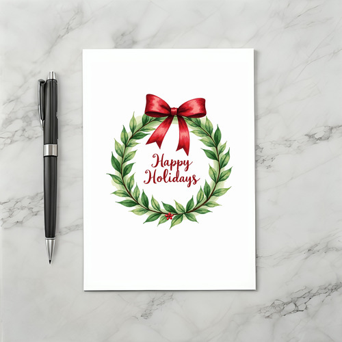 Elegant Watercolor Wreath Happy Holidays Red Bow Card