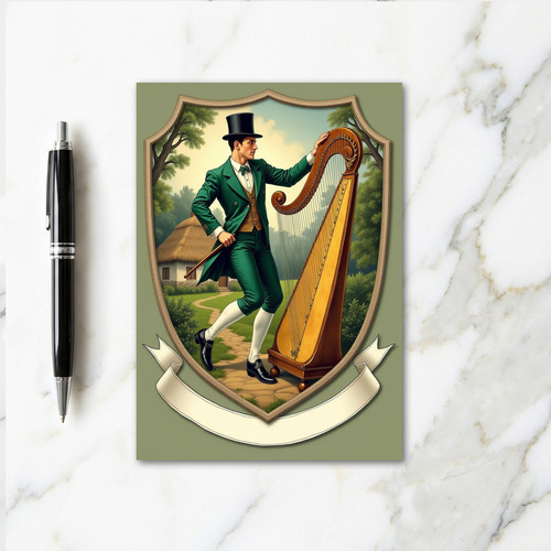 Emerald Irish Man Harp Scene Card