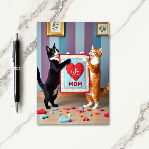 Feline Mothers Day Textile Heart Card