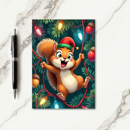 Festive Squirrel Swinging Christmas Card