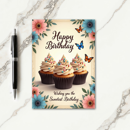 Floral Cupcake Birthday Card