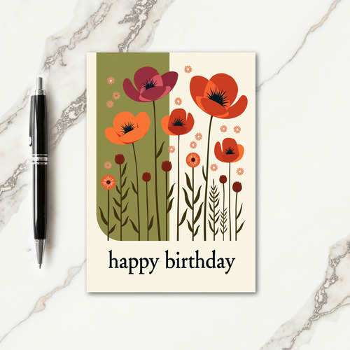 Floral Vermillion Birthday Card