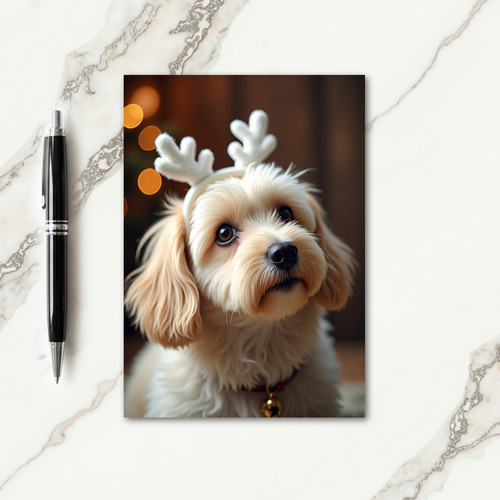 Fluffy Antlered Puppy Christmas Card thumbnail