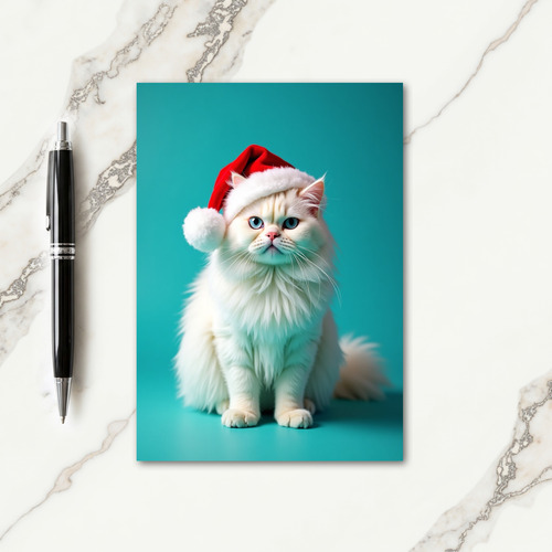 Fluffy Cat Santa Hat Christmas Card