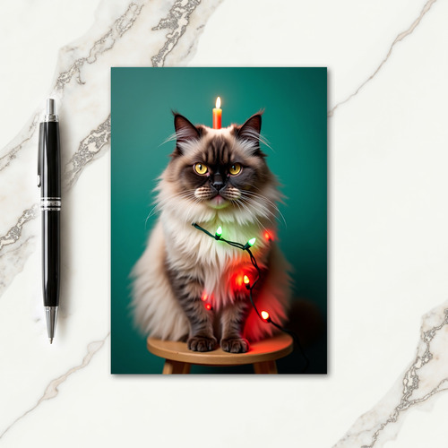 Fluffy Cat With Candle Christmas Card