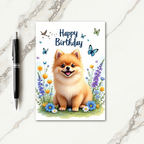 Fluffy Dog Floral Birthday Card