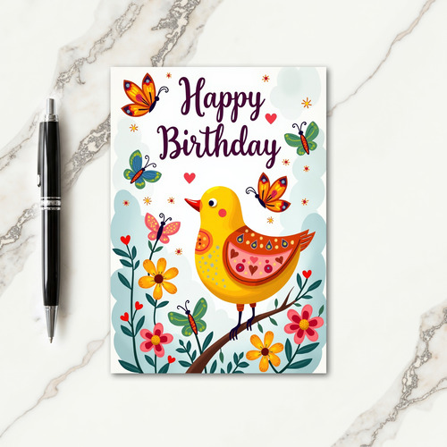 Folk Art Bird Birthday Card