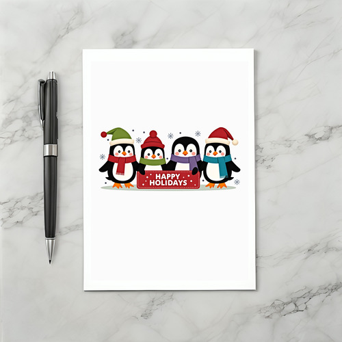 Four Cute Penguins Happy Holidays Sign Christmas Card
