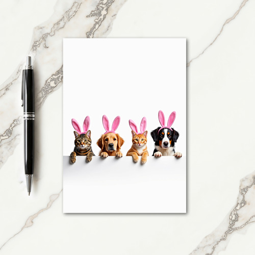 Four Pets Peek Over Fence Card