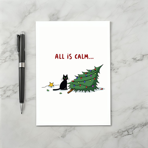 Funny Black Cat Knocking Over Christmas Tree Holiday Card