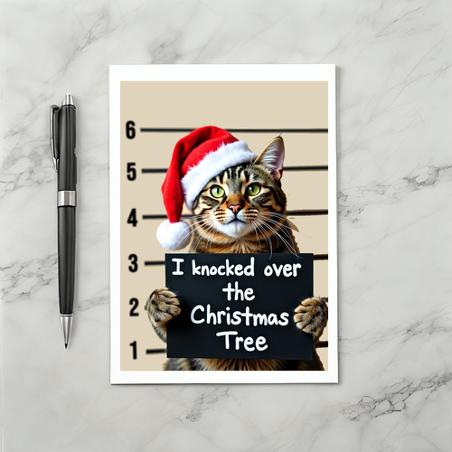 Funny Cat Mugshot Christmas Card Tree Knocker