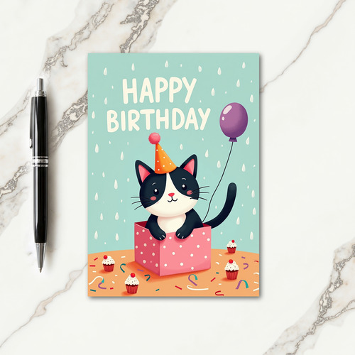 Gift Box Cat Birthday Card