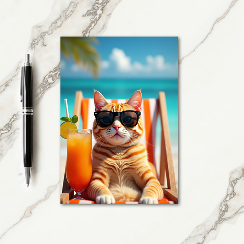 Ginger Cat Beach Birthday Card