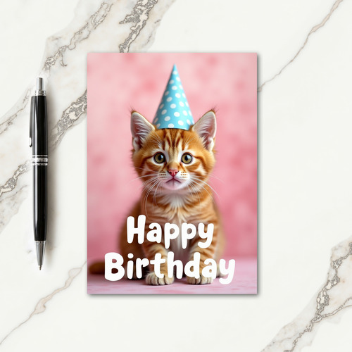 Ginger Cat Party Hat Birthday Card