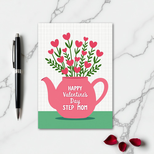 Gingham Teapot Step Mom Valentine Card