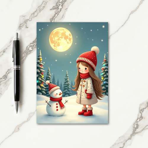 Girl And Snow Friend Christmas Card