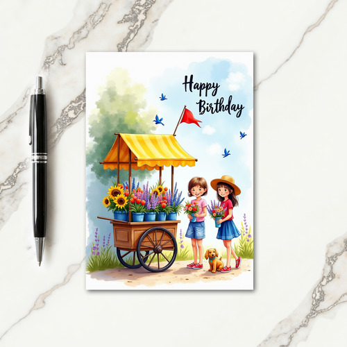 Girls Flower Cart Birthday Card
