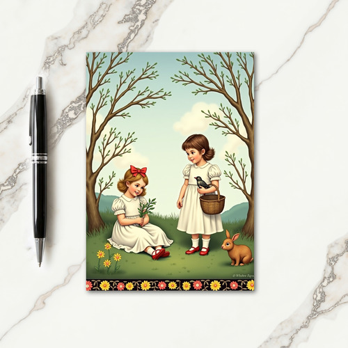 Girls In Garden Scene Springtime Card