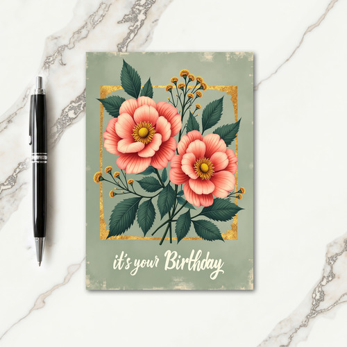 Gold Frame Floral Birthday Card