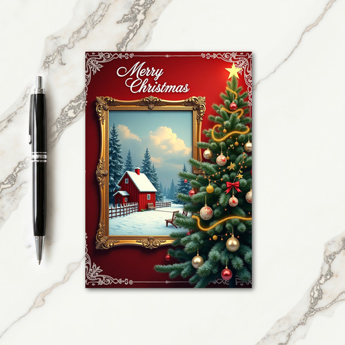Golden Frame Winter Cottage Card