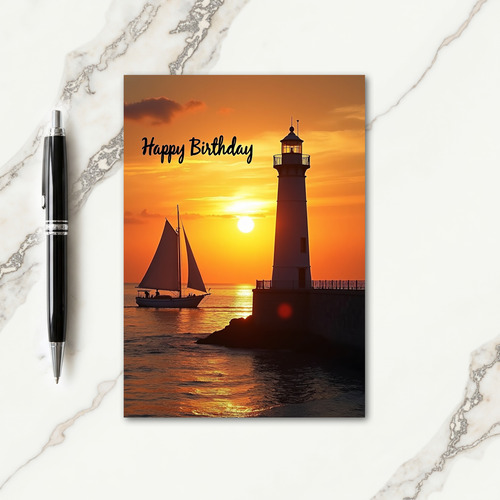 Golden Sunset Lighthouse Birthday Card