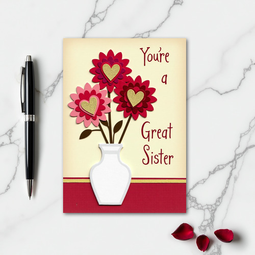 Great Sister Heart Flowers Card