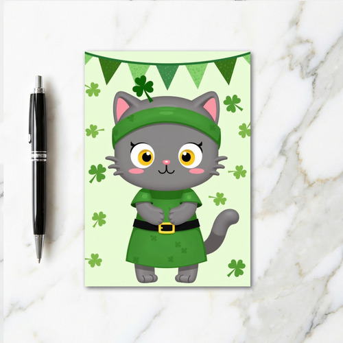 Green Cat Shamrock Pattern Card