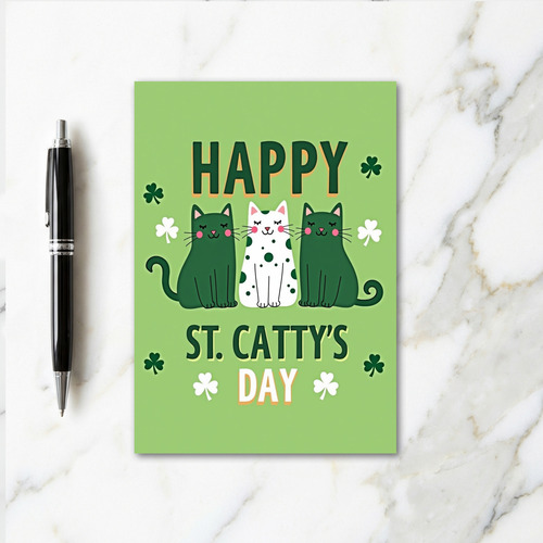 Green Cat Shamrocks Happy Card