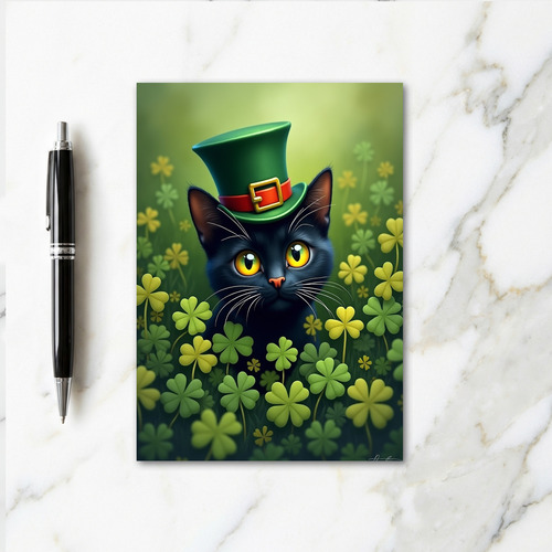 Green Clover Cat Hat Fun Card