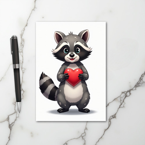Grey Cute Raccoon Valentine Card