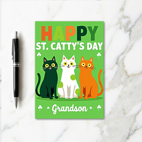 Happy Cat St Cattys Day Grandson Card
