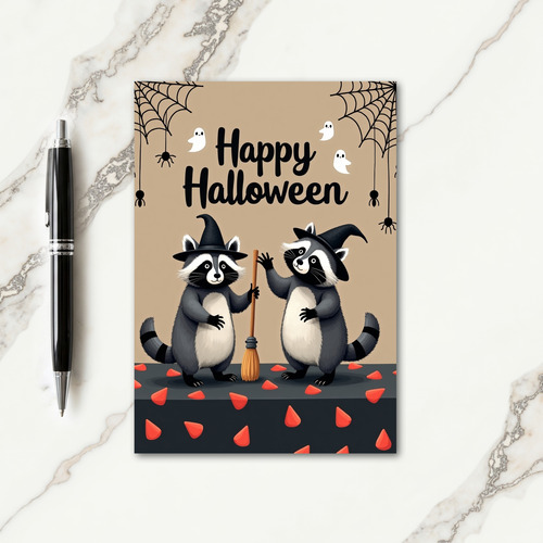 Happy Halloween Raccoon Witches Card