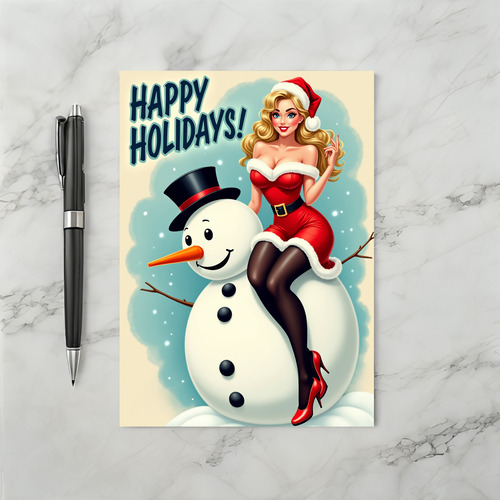 Happy Holidays Pin Up Santa Snowman Card