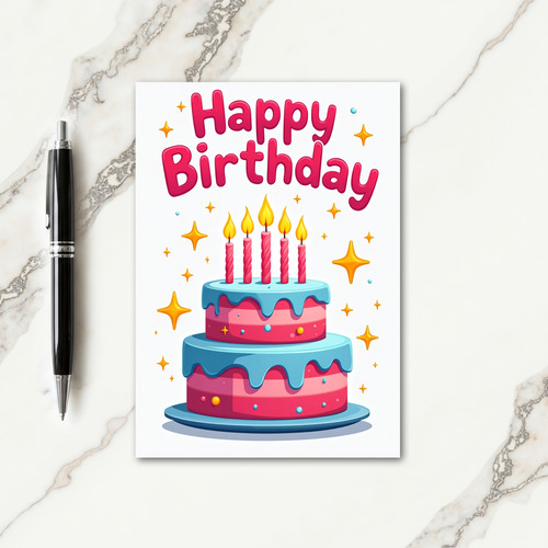 Joyful Birthday Pink Blue Cake Card