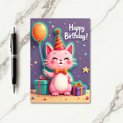 Joyful Birthday Pink Cat Card