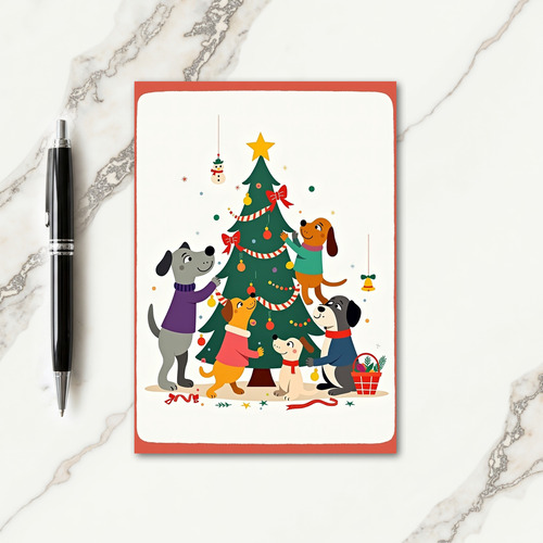 Joyful Dogs Decorate Tree Christmas Card